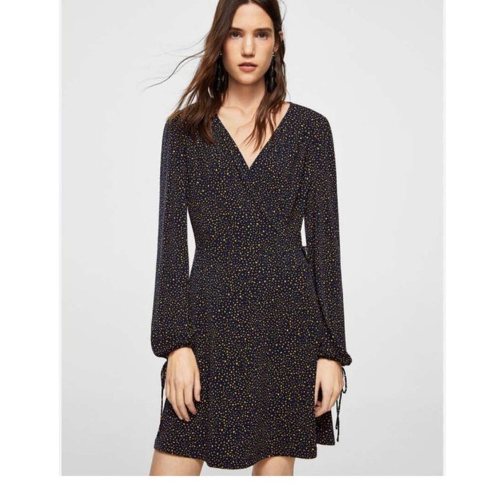 Mango‎ Black Yellow Printed Fit Flare Mini Dress V Neck Tie Waist Size Small